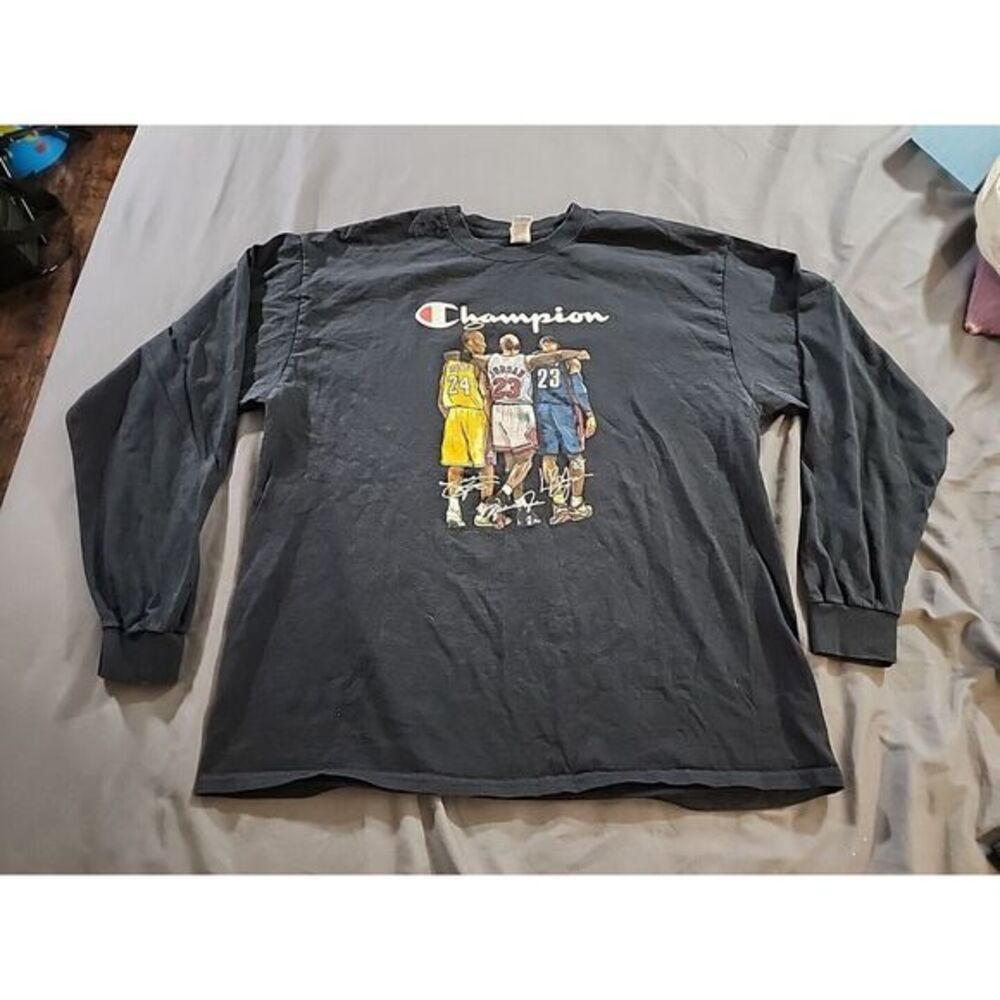 Champion‎ Shirt XL Black Spell Out Logo Basketball Legends Jordan Kobe LeBron